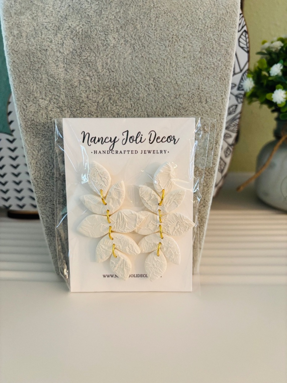 Polymer Clay White Leaf Earrings